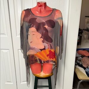 Soft Surroundings Sheer Geisha Print Top shirt blouse